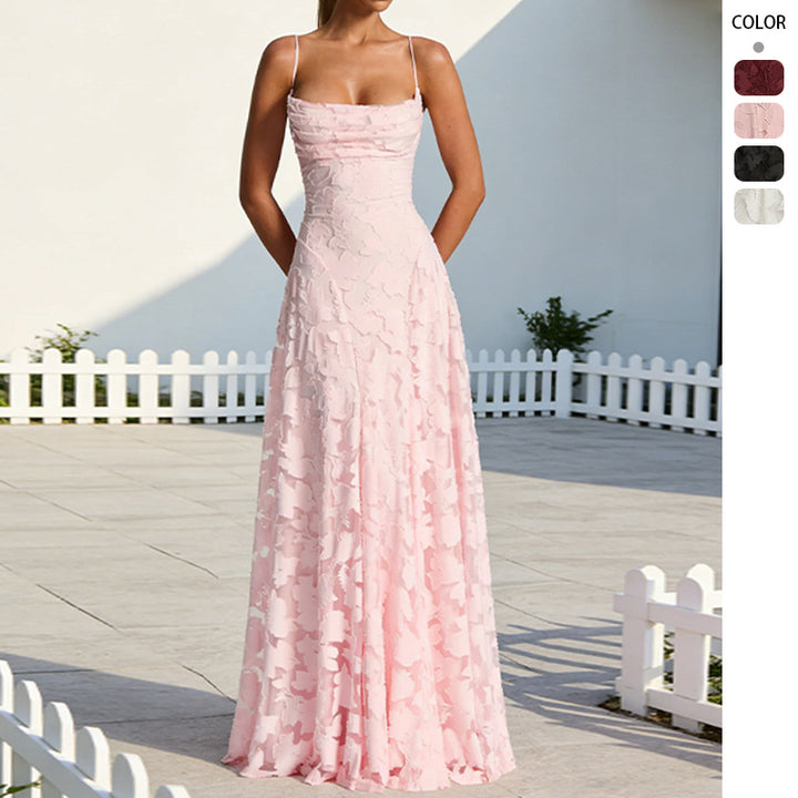 Dame elegante maxi kjoler med blomsterdækkende design og justerbare spaghetti stropper Skovae