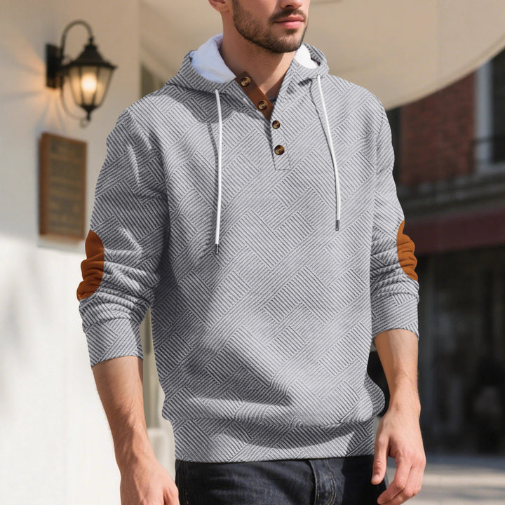 Herrer nan struktureret hætte-Henley-pullover med jacquardstruktur, knapstolpe og albuepatches Skovae
