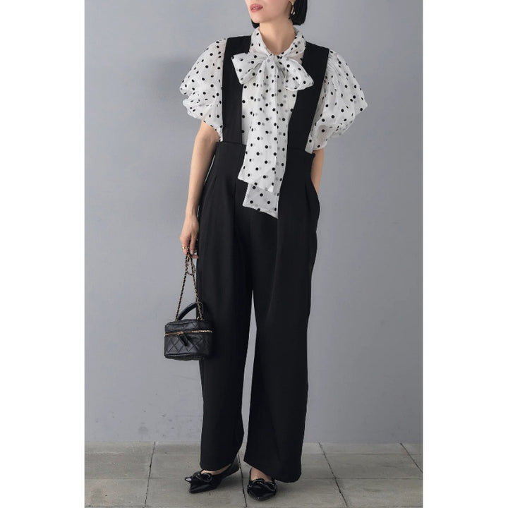 Dame elegant bluse med prikker og puffærmer Stilla