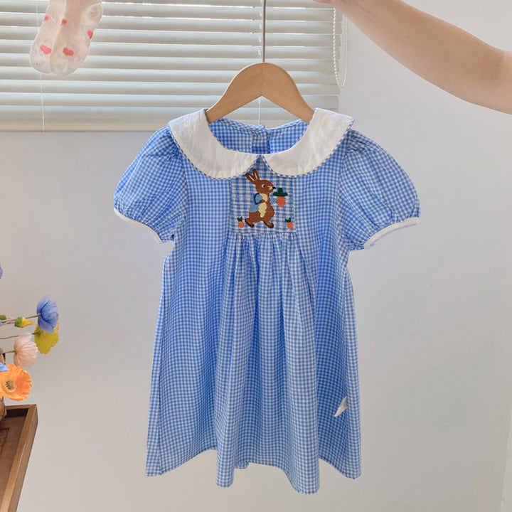 Pige Gingham Ternet Kjole med Kaninbroderi Stilla