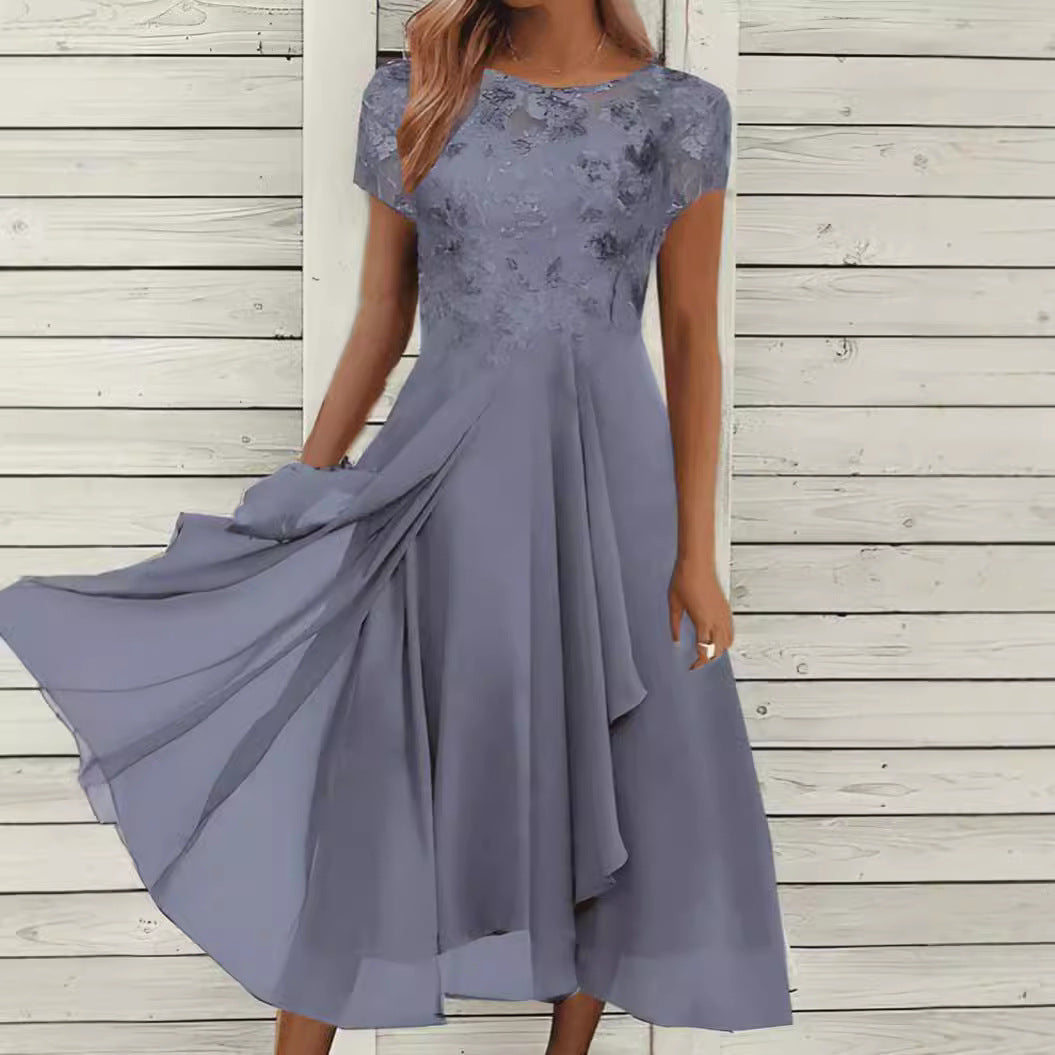Dame nan flydende chiffon-midi kjole med blomsterbroderet overdel og asymmetrisk lagdelt nederdel Skovae