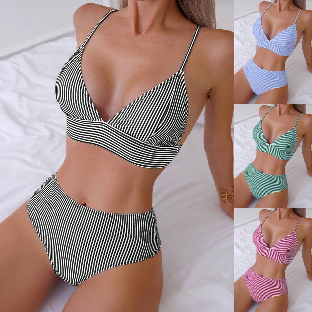 Dame High-waisted bikini sæt med fine striber Skovae