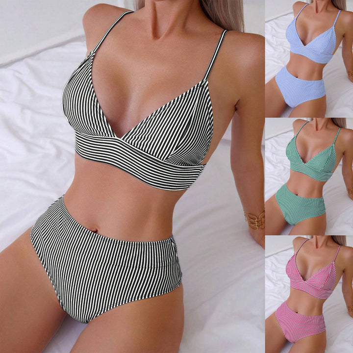 Dame High-waisted bikini sæt med fine striber Skovae