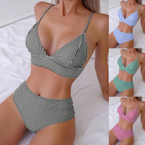 Dame High-waisted bikini sæt med fine striber Skovae