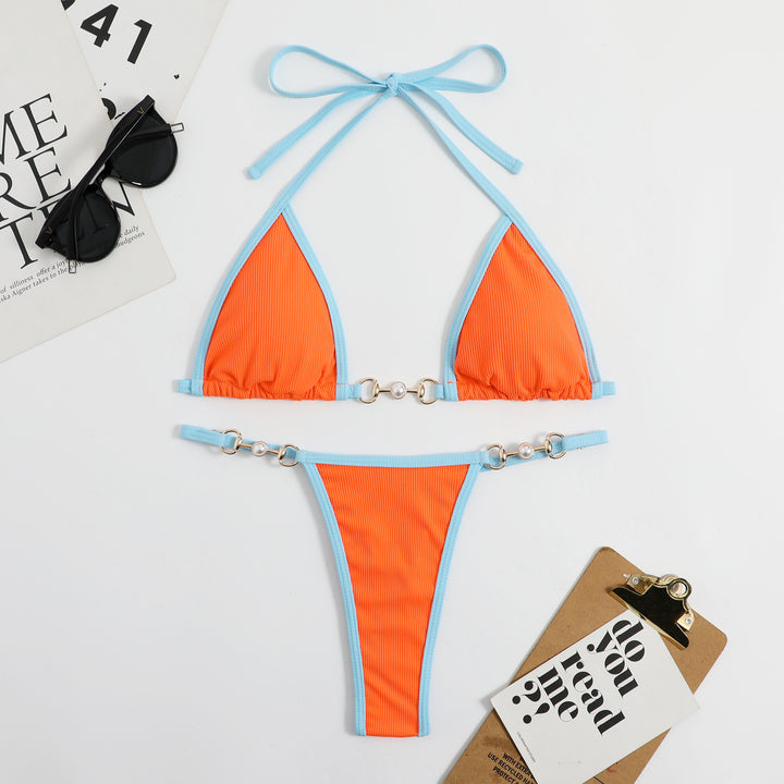 Dame Triangel-Bikini med moderne rib-design og dekorative elementer Skovae