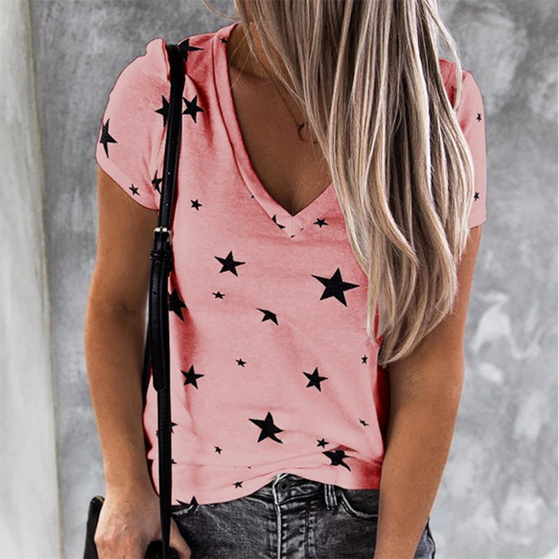 Kvinders V-Hals T-Shirt med Stjerne Motiv og Casual Snit Stilla