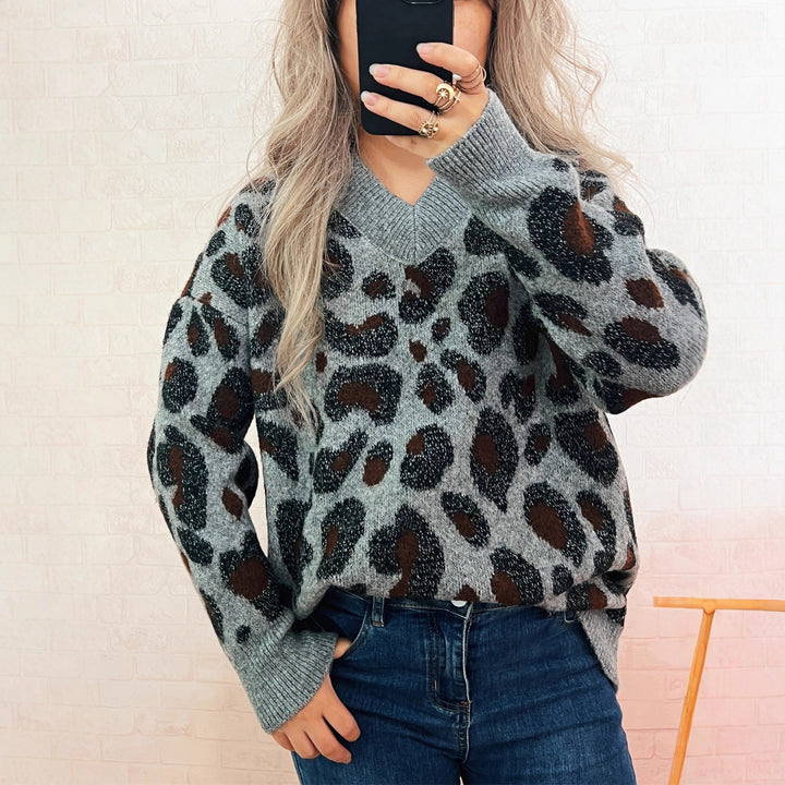 Kvinders afslappede strikket sweater med dyreprint Stilla