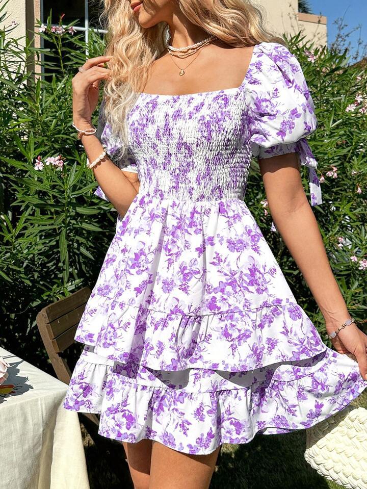 Dame blomsterprint rynket mini kjole Stilla