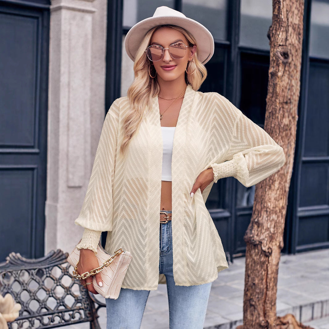 Dame luftig Kimono-jakke med moderigtigt zigzag-mønster og elegante trompetærmer Stilla