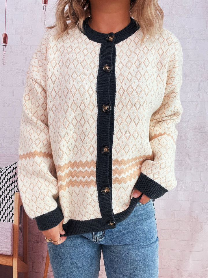 Kvinders cardigan med geometrisk mønster og elegante knapdetaljer Stilla
