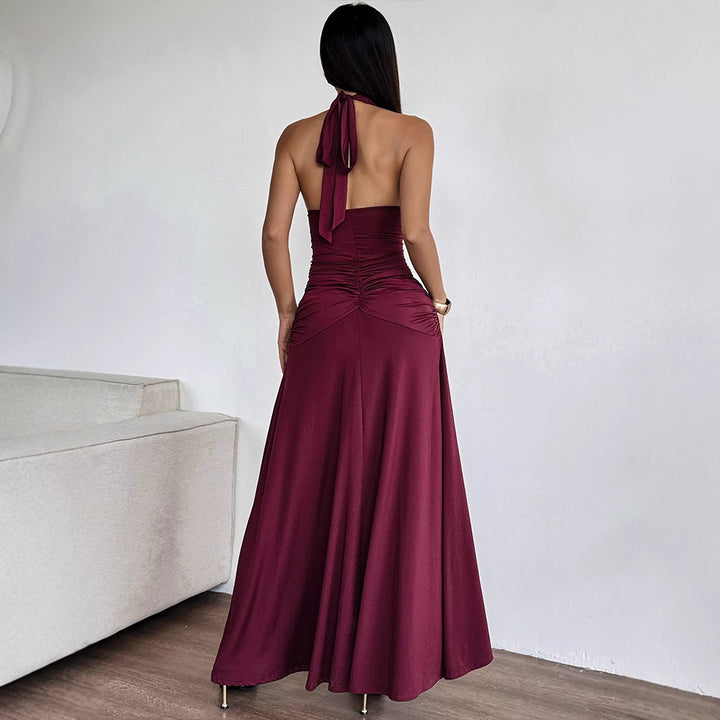 Dame Elegant Halterneckkjole med dyb V-udskæring og raffinerede draperinger Skovae