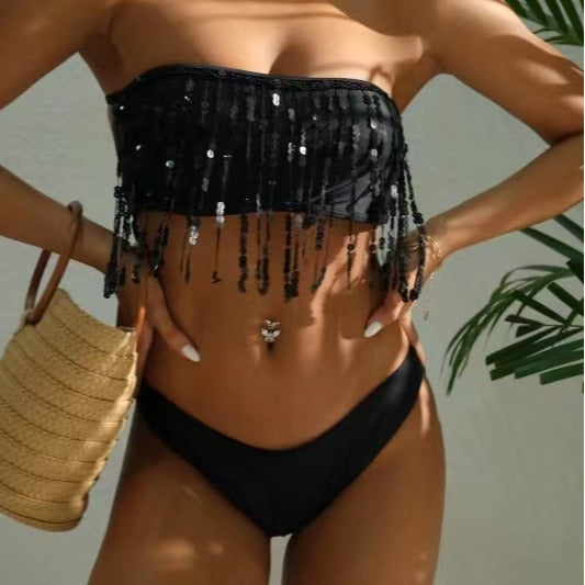 Dame bandeau bikini med glitrende frynser Skovae