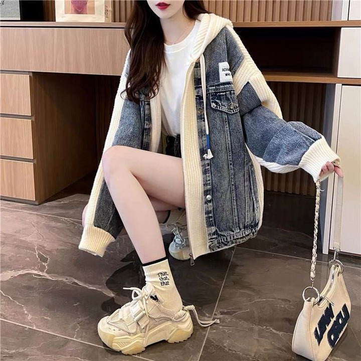 Kvinders oversized denimjakke med strikkelementer Stilla