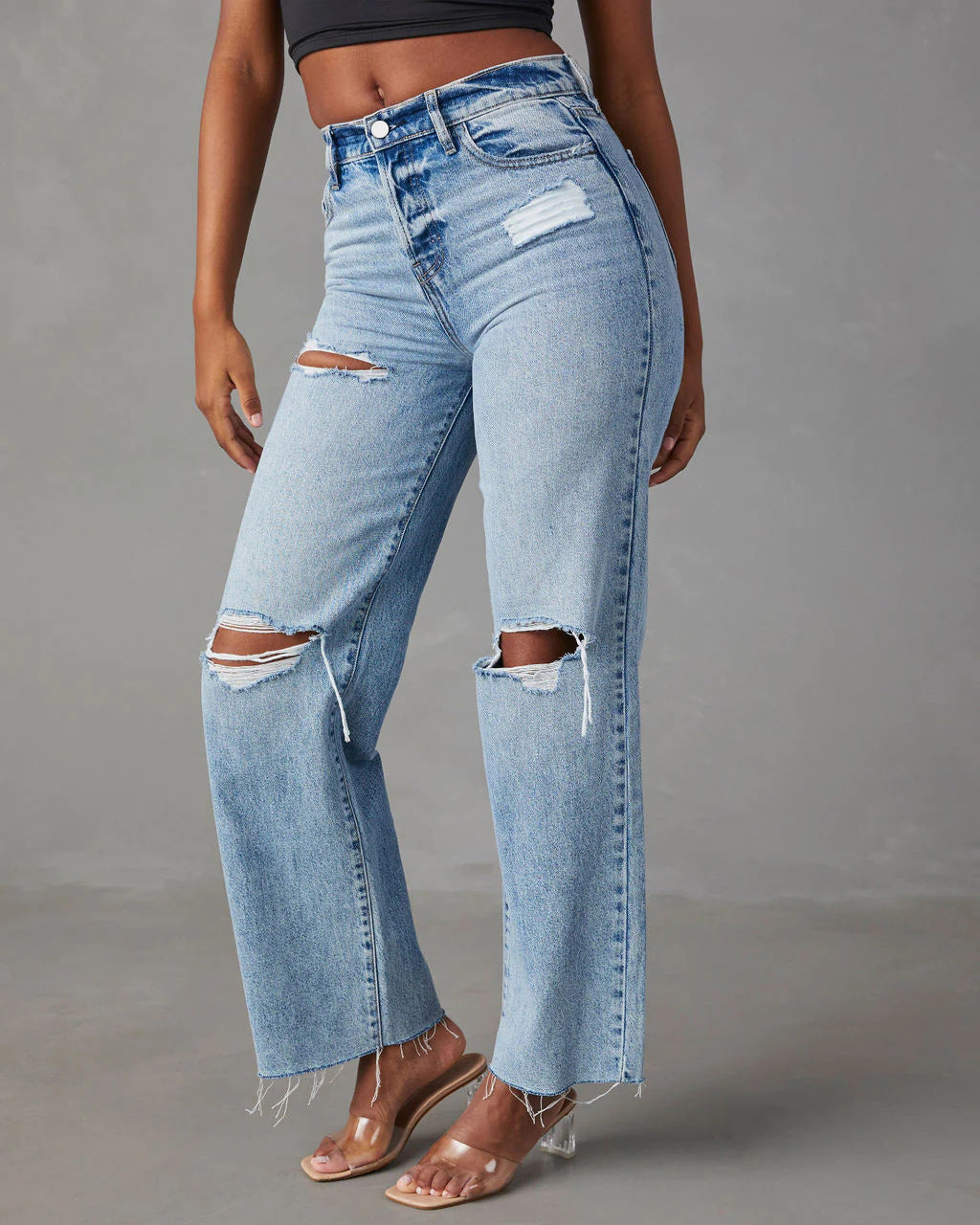 Dame High-Waist Ødelagte Jeans med frynset kant Stilla