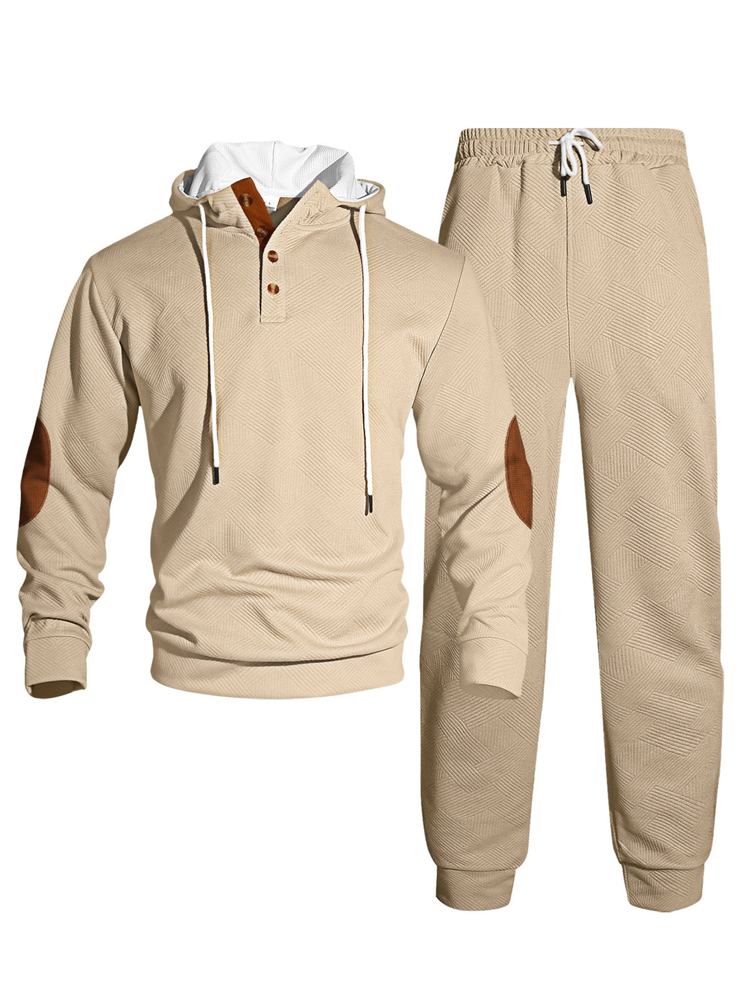 Herrer nan vaffelstruktur Henley-hoodie sæt med træknap liste albue-patch og konisk joggingbukser Skovae