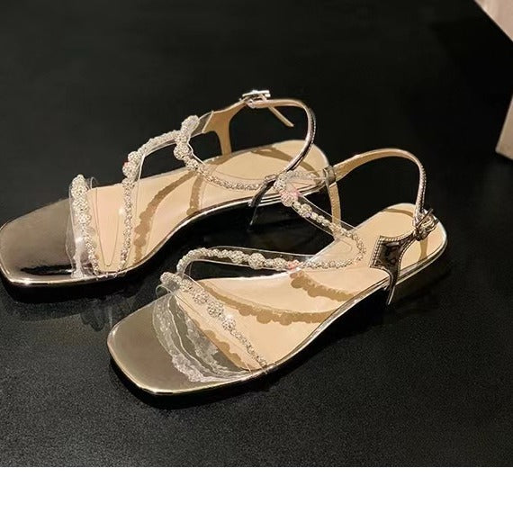 Dame Strass Sandaler med transparent remdesign og komfortabel blokhæl Stilla