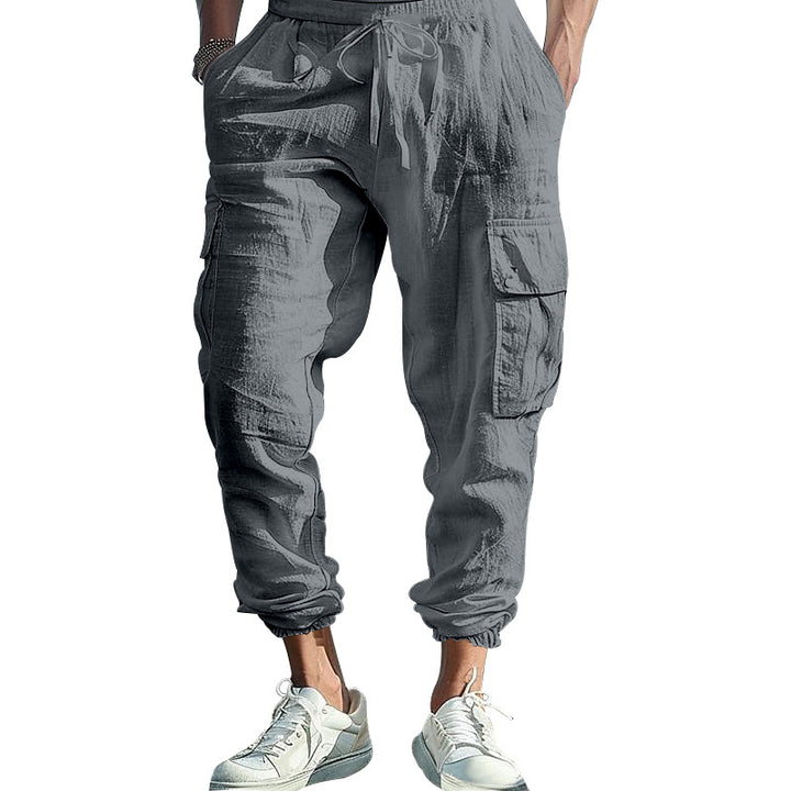 Herren nan afslappede linned cargo joggers med snoretræk, store klaplommer og elastisk ankelafslutning Skovae