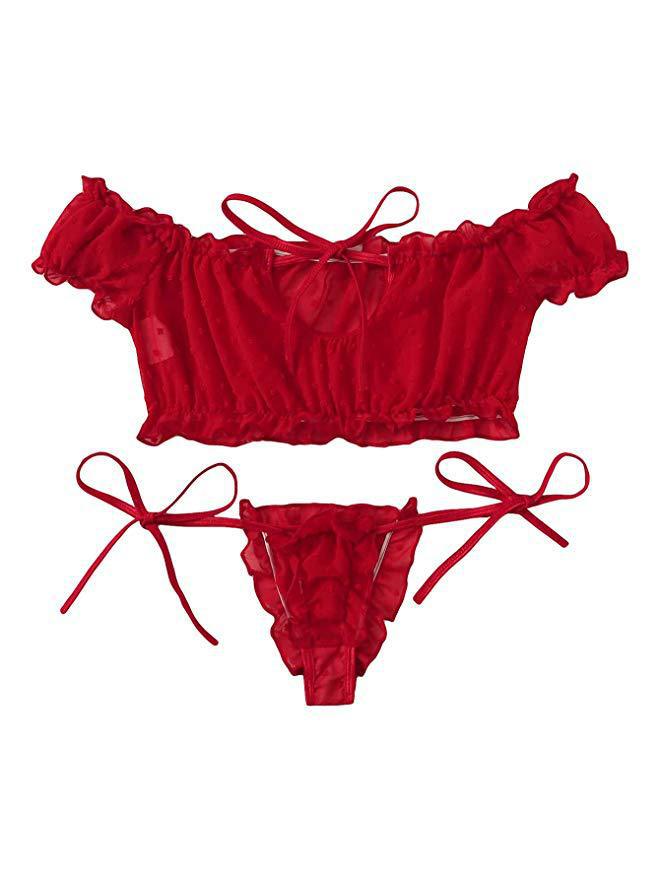 Dame Rüscheneinsatz Off-Shoulder Lingerie Set Stilla