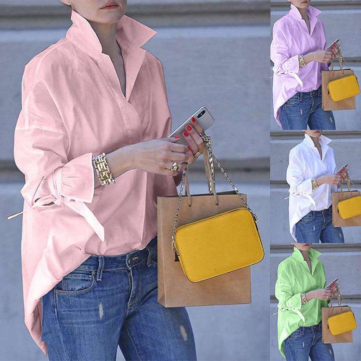 Dame afslappet overshirt-bluse med høj krave og moderne bindebælter Stilla
