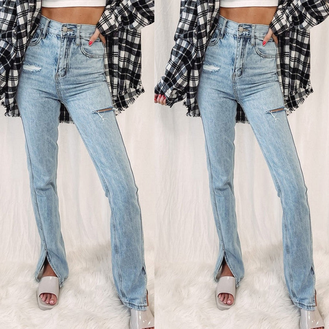 Dame flared jeans med sidelommer og distressed detaljer Stilla