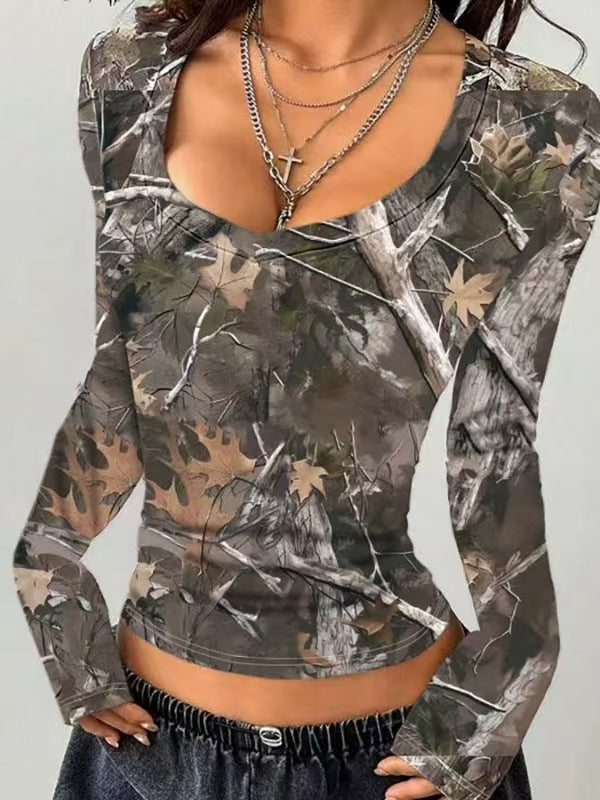 Dame langærmet skjorte i camouflage-design Stilla