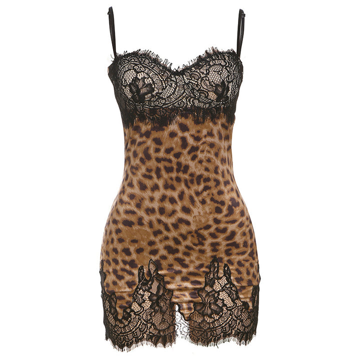 Damer Elegant Spids Natkjole med Leopardsmønster og forførende Detaljer Skovae