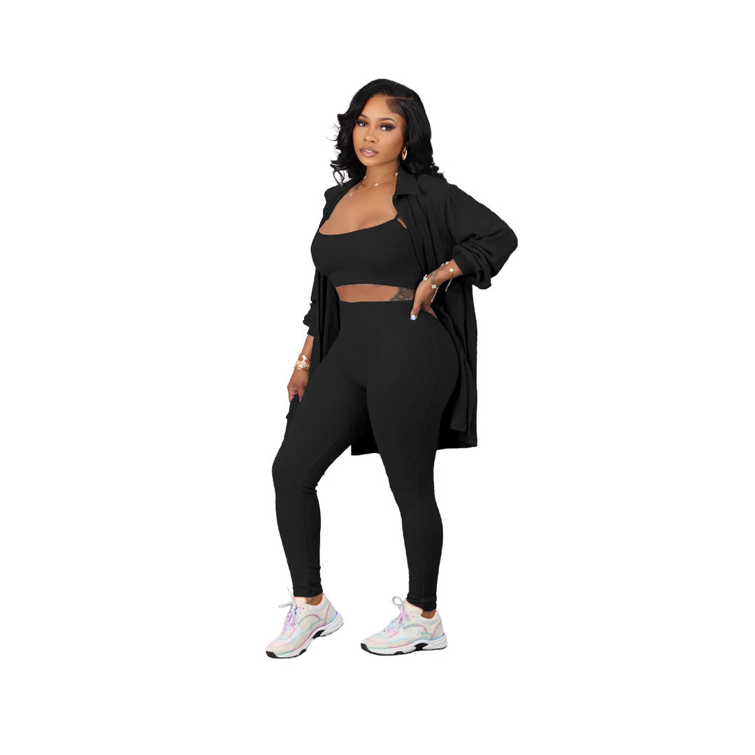Dame Sporty 3-delt Set med cropped top, leggings og lang jakke Stilla