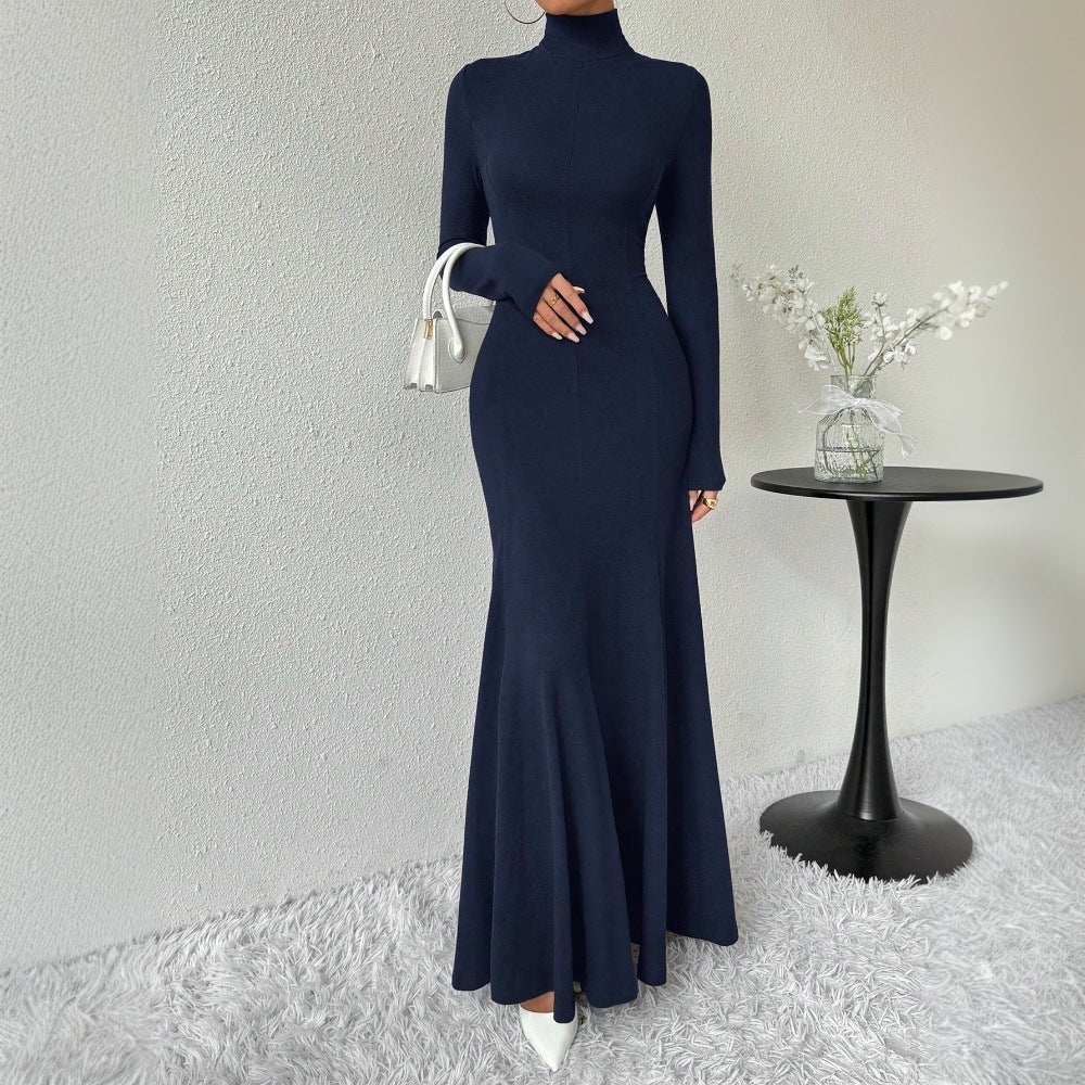 Kvinders elegante langærmet maxi kjole med høj krave og svingende kant Stilla