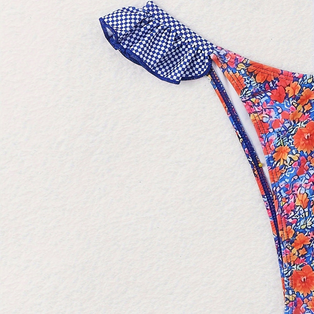 Dame triangel-bikini-sæt med florale ruffles-detaljer og justerbare stropper Stilla