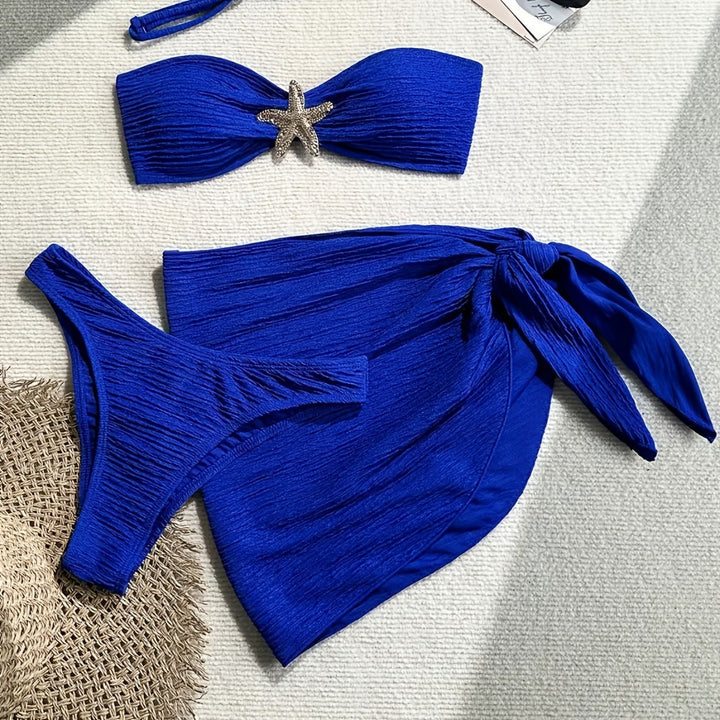 Dame bandeau-bikini-sæt med legesyg indpakningsskørt og glitrende søstjerne-detalje Skovae