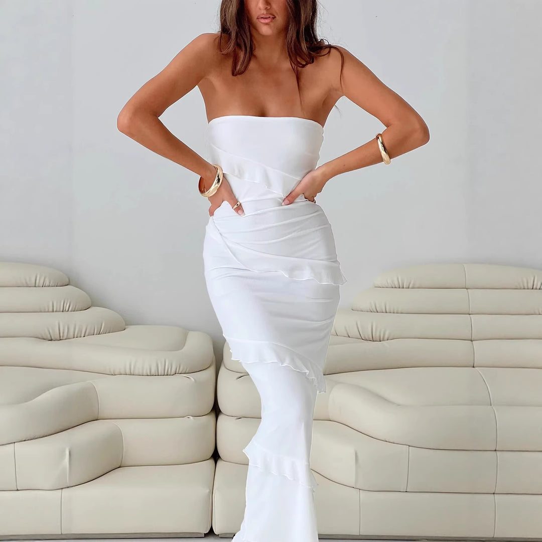 Dame Elegant Maxi-Kjole med Flæsedetaljer og Off-Shoulder Design Skovae