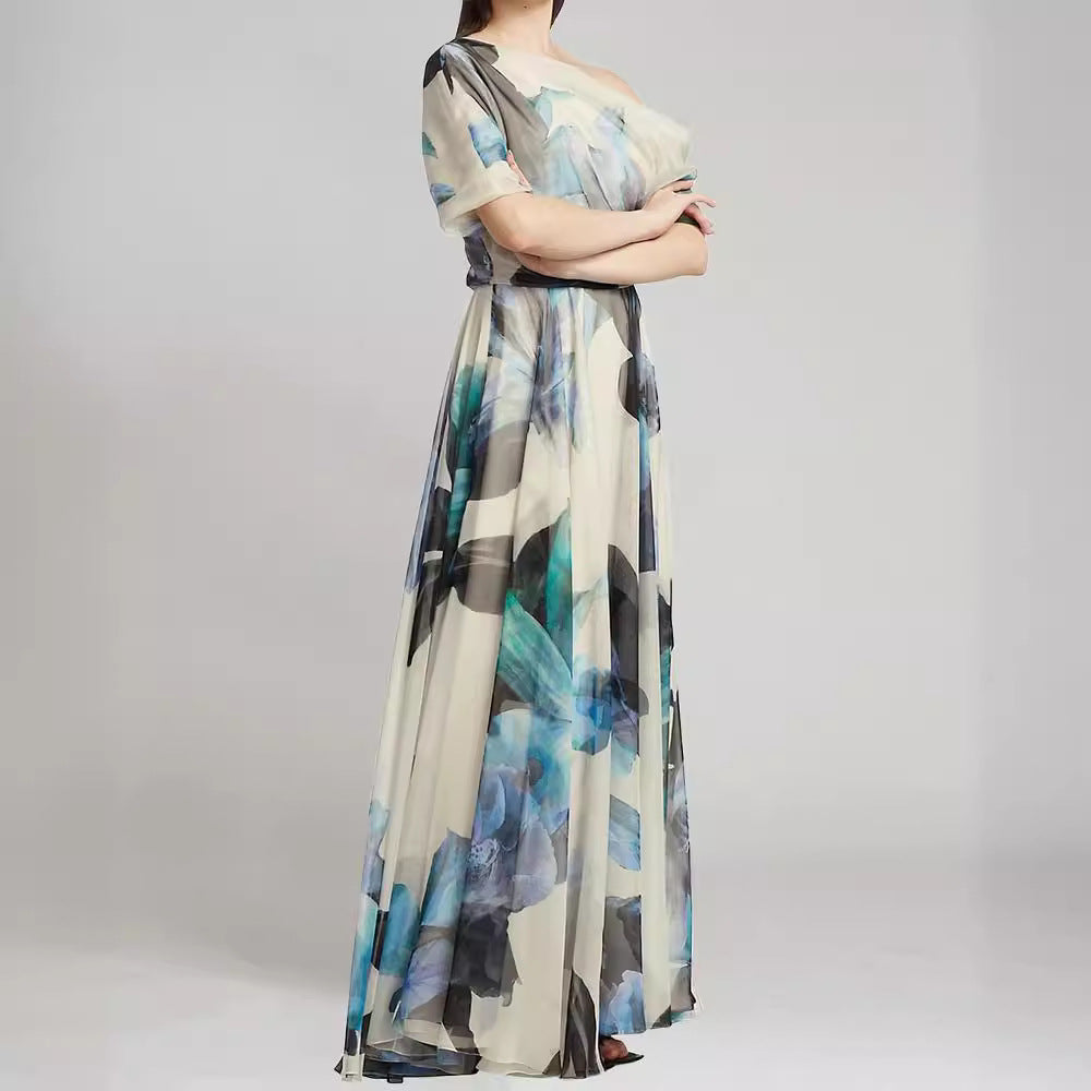 Kvinder elegant chiffon kjole med off-shoulder design og blomster mønster Skovae