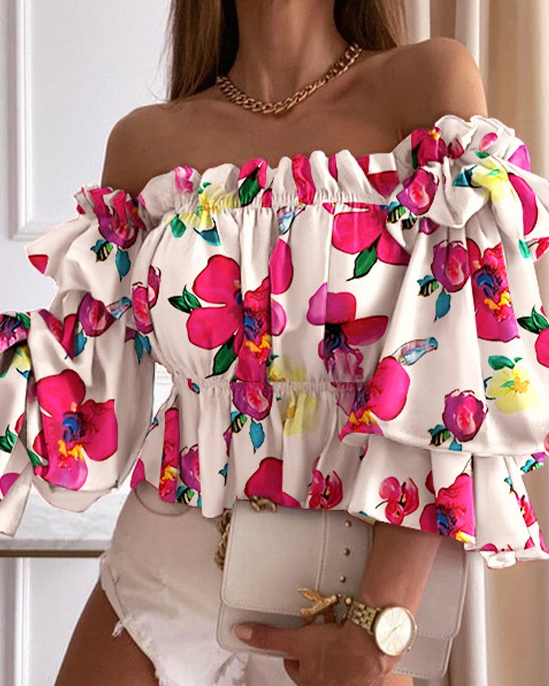 Damer Elegant Off-Shoulder Top med voluminøse rynker og blomsterprint Stilla