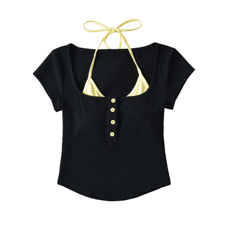 Dame Crop-Top med legende bindedesign og moderigtige knapdetaljer Stilla