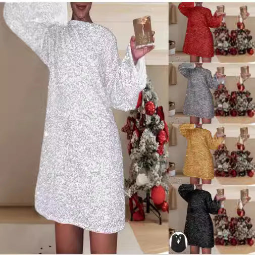 Dame Sparkling Mini Kjole med Løs Pasform og Lange Ærmer Skovae