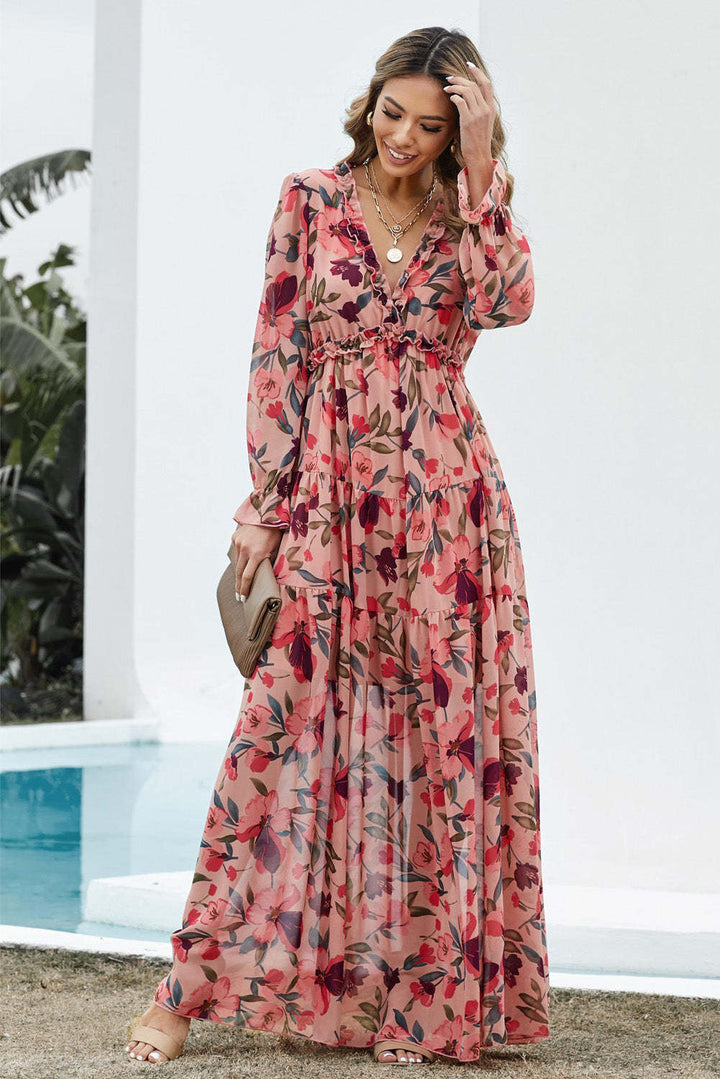 Dame Boho Maxikjole med blomsterdesign og flæsedetaljer Stilla