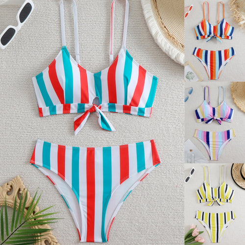 Damer Bikini-sæt med moderigtigt knude-front design og farverigt stribemønster Stilla