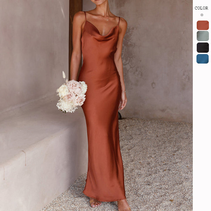 Dame elegante, flydende maxi kjoler lavet af kvalitets satin med spaghetti stropper