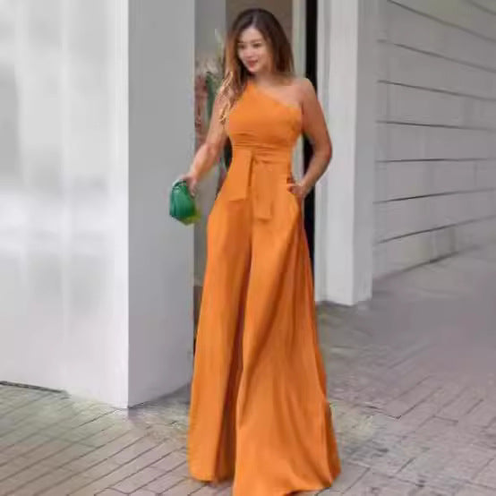 Dame Elegant En-skulder Jumpsuit med bælte og bredt ben Skovae