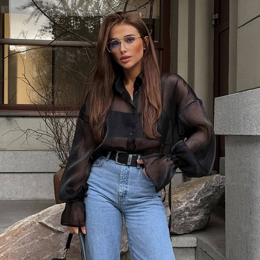 Dame Gennemsigtig Bluse med elegante Ballonærmer Stilla
