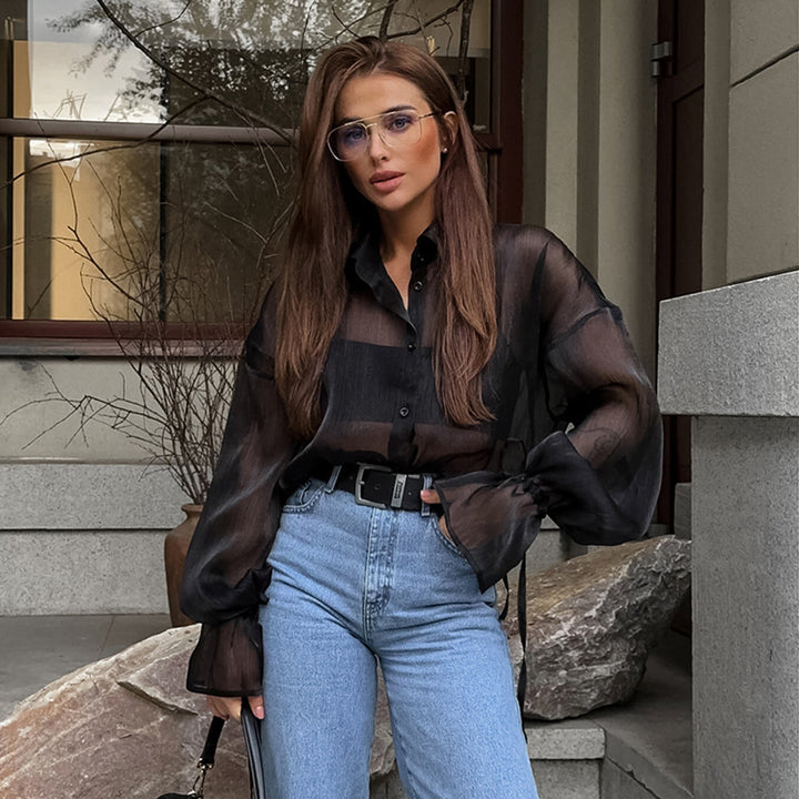 Dame Gennemsigtig Bluse med elegante Ballonærmer Stilla