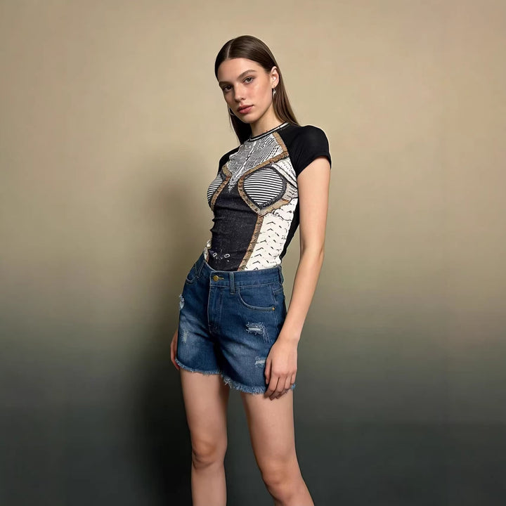 Dame Crop Top og High-Waist Jeans-Shorts Skovae