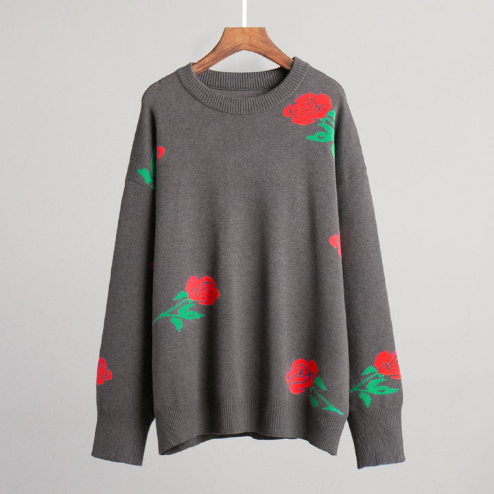 Kvindernes mønstrede strikkede sweater med blomstermotiv og løs pasform Stilla