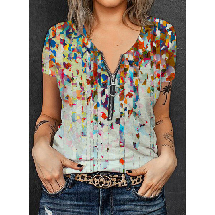Damer Mode T-shirt med lynlås og blomsterdesign Skovae