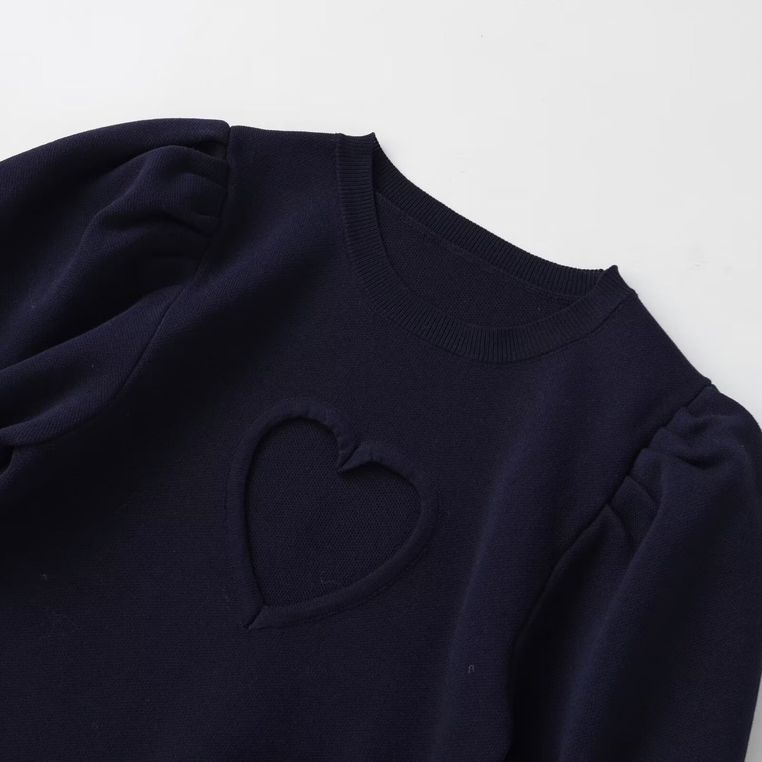 Dame bomulds sweater med hjerteformet udskæring og modige puffærmer Skovae