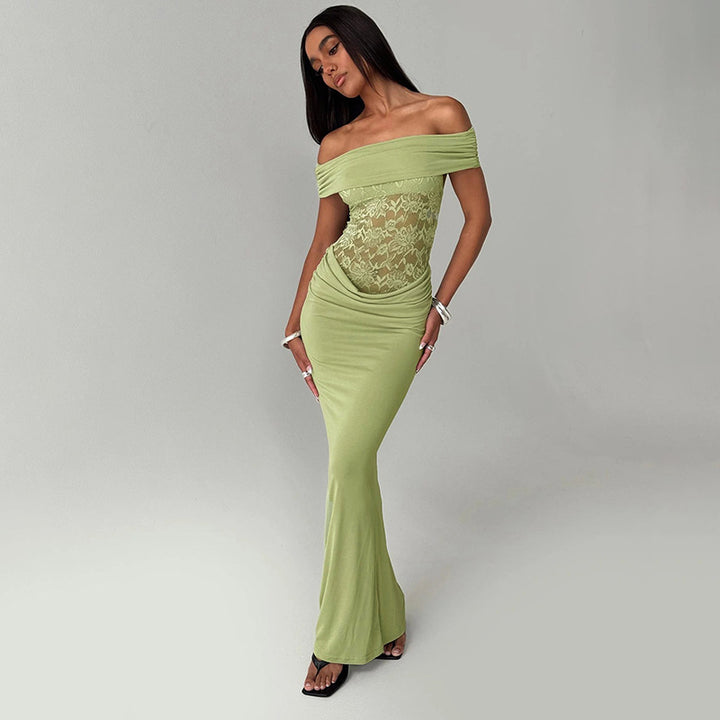 Femme Off-Shoulder Spids Accent Maxi Kjole Stilla