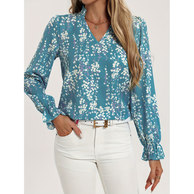 Femme Blomstret V-Hals Bluse med Rufflesleeves Stilla