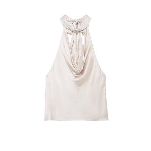 Dame elegant halterneck top i flydende satin med dekorativ rygudskæring Skovae