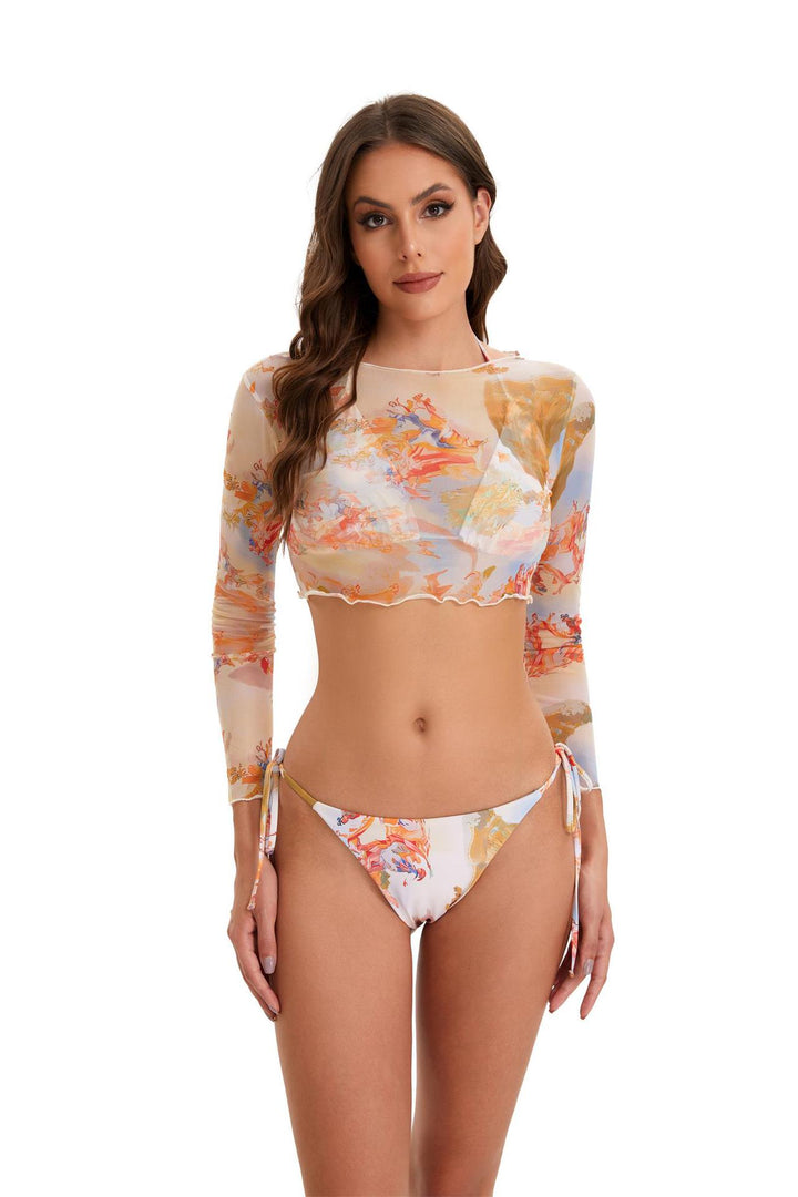 Dame Bikini-sæt med langærmet crop-top og blomsterdesign Skovae