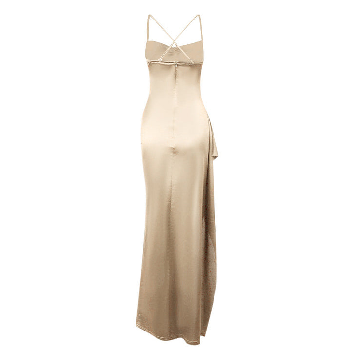 Dame elegant satin kjole med dyb slids og justerbare spaghetti stropper Skovae